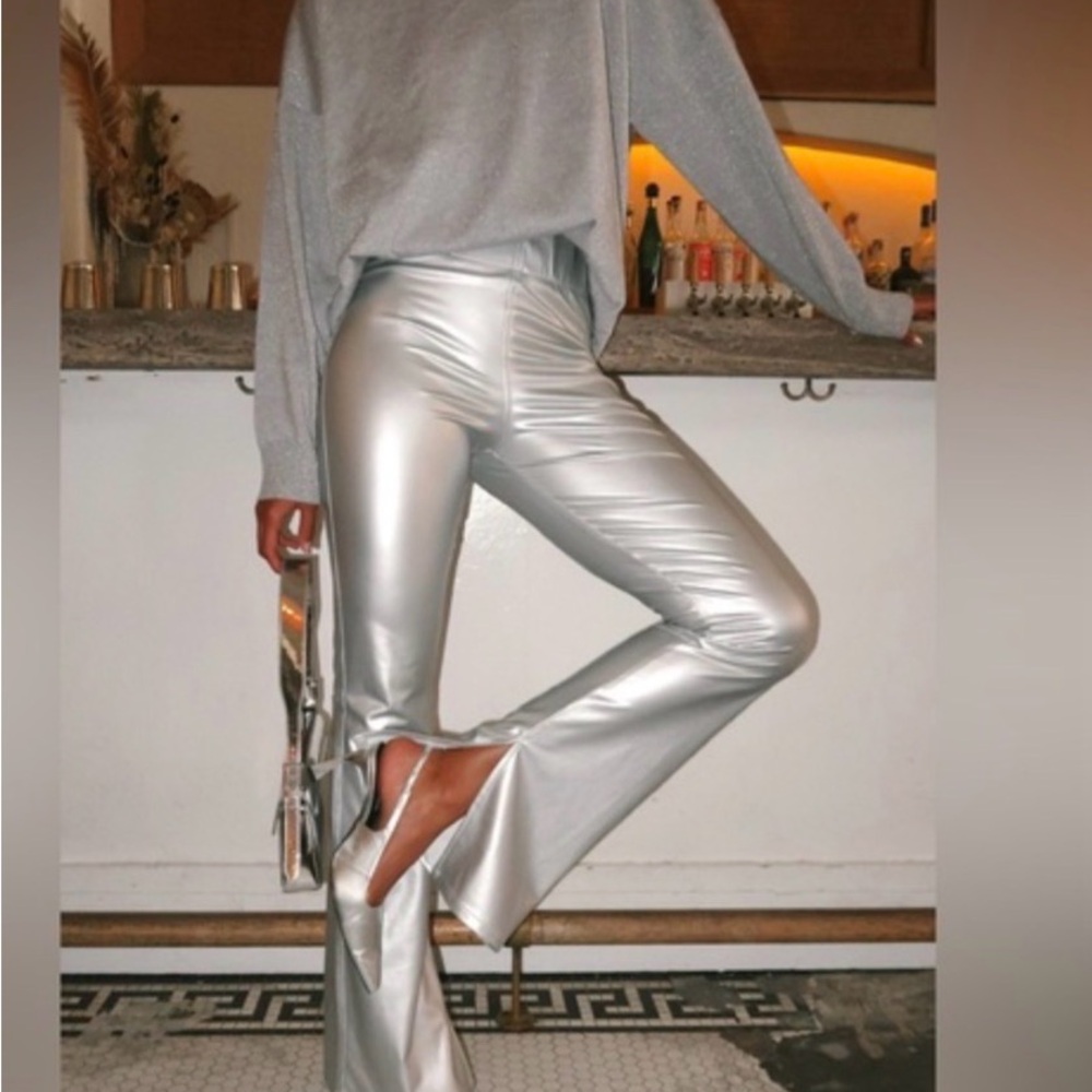 New Show Me Your MuMu Silver metFaux Leather Nashville pull on Flare Pants small